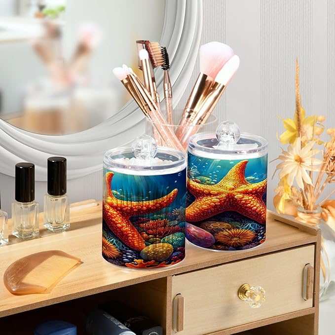 ALAZA 2pcs Orange Starfish Seashell Ocean Qtip Holder Dispenser 14 oz Bathroom Storage Clear Apothecary Jars Containers Cotton Ball,Cotton Rounds,Floss Picks, Hair Clips, Food