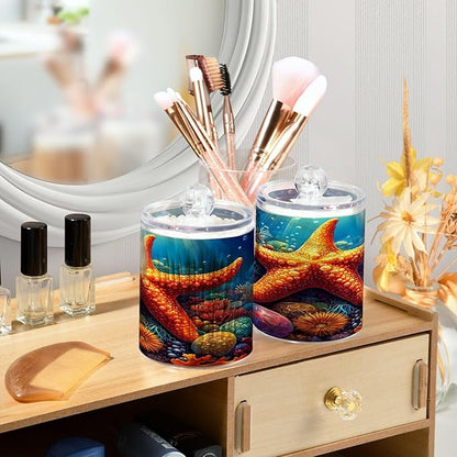 ALAZA 2pcs Orange Starfish Seashell Ocean Qtip Holder Dispenser 14 oz Bathroom Storage Clear Apothecary Jars Containers Cotton Ball,Cotton Rounds,Floss Picks, Hair Clips, Food