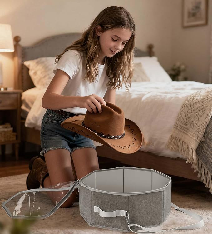 Livelab Hat Box for Travel & Home Storage, Side Reinforced Octagonal Hats Organizers, Crush-proof, Dust-proof Hat Boxes Holder Closet Storage for Cowboy, Panama & Fedora Hats | Grey