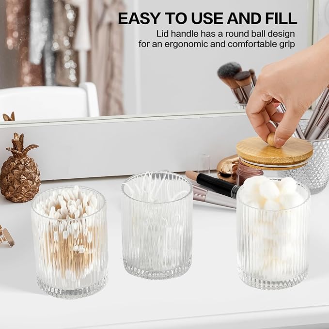 3 Pack Qtip Holder Bathroom Set,Cotton Pad Ball Swab Holder Cotton Round Floss Pick Dispenser with Tray,Glass Apothecary Jars with Lids,Bathroom Organizers and Storage Canisters