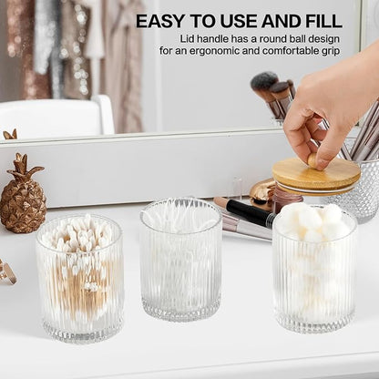 3 Pack Qtip Holder Bathroom Set,Cotton Pad Ball Swab Holder Cotton Round Floss Pick Dispenser with Tray,Glass Apothecary Jars with Lids,Bathroom Organizers and Storage Canisters