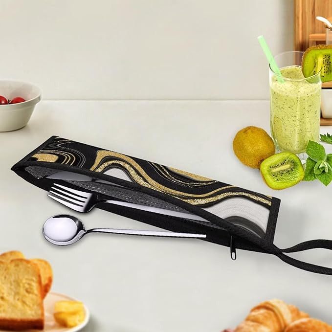 Portable Tableware Carrier Pouch Cutlery Bag Silverware Organizer Accessories for Travel Camp Party,Art Black Marble
