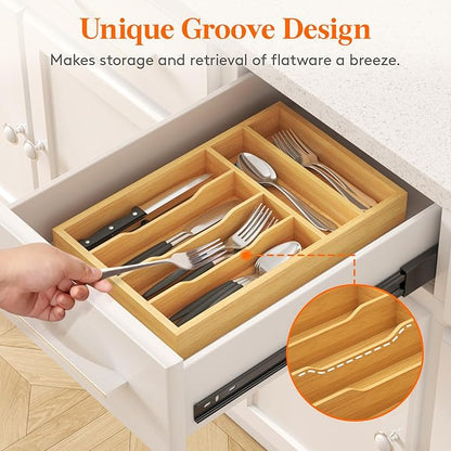 Lifewit Silverware Drawer Organizer, Utensil Tray for Kitchen, Flatware and Cutlery Holder, Storage for Spoons Forks Knives, 25 x 39cm, Natural