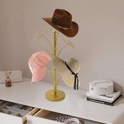 6 Hooks Hat Cap Rack Stand, Adjustable Hooks, Metal Hats Wig Display Hanger for Home Closet Retail Store (Gold)