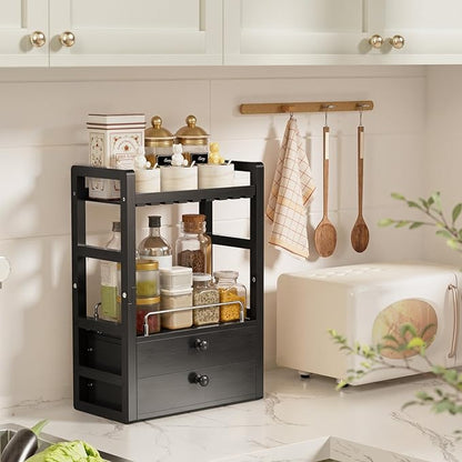 AmazerBath Bamboo Bathroom Countertop Organizer, 2-Tier Makeup Organizer with 2 Drawers, Vanity Organizer Storage Coffee Matcha Station, Compact Shelf for Bathroom Kitchen Office, Black