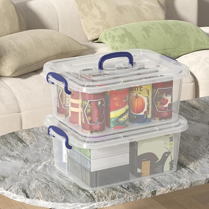 8 Quart Plastic Latching Boxes with Handles, Clear Storage Tote with Lids, 2 Packs