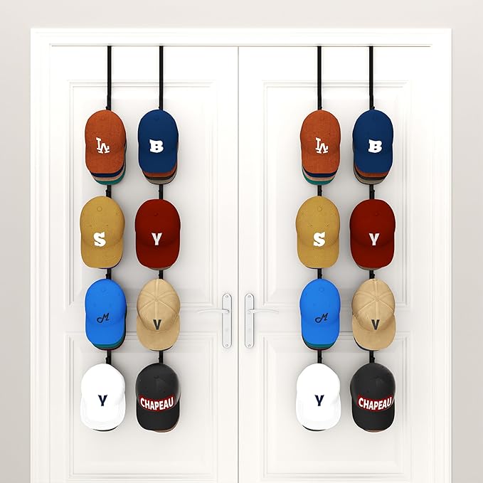 HapiRm Over Door Hat Rack - 4 Packs Metal Hanging Hat Organizer with 16 Hooks Design, Baseball Cap Hanger Organizer Storage Holds up to 80 Caps for Door, Bedroom, Closet