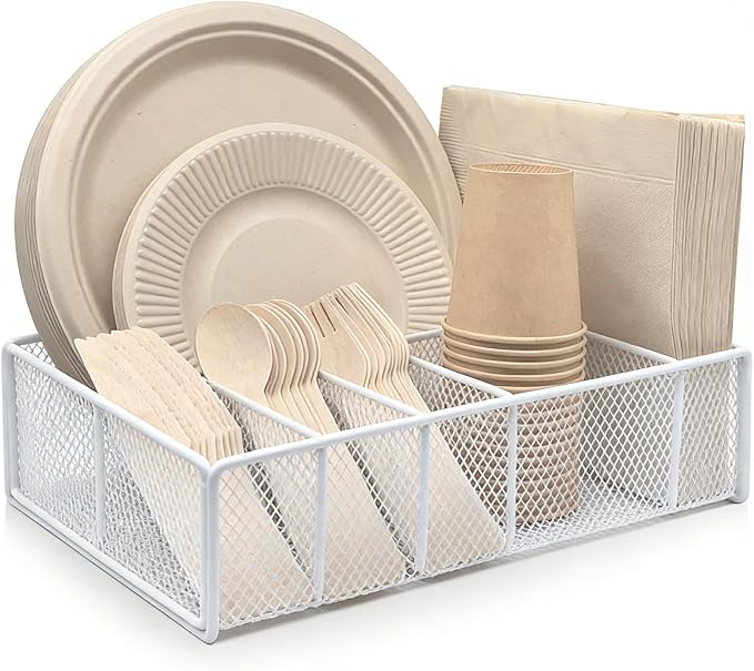 Dysanvica Metal Paper Plate Holder - Utensil Silverware Caddy for Kitchen Counter Cabinet Cutlery Flatware Organizer Storage Dispenser Box for Plastic Spoon Fork Plates Napkins Cup Party Camping White