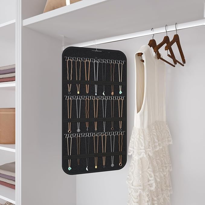 Hanging Jewelry Organizer Storage, 40 Pockets 36 Hooks Necklace Earring Necklace Bracelet Ring Organizer, Double - Sided Design, Black