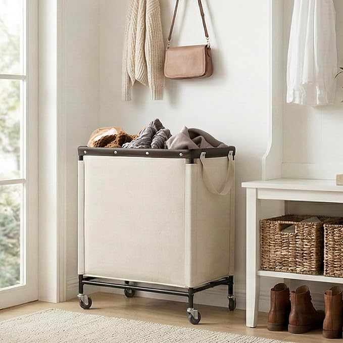 StorageWorks 3 Section Laundry Hamper, Rolling Laundry Cart with Wheels and Handles, Laundry Room Double Sorter for Organizer and Storage, 31.7 Gal(120L), Beige