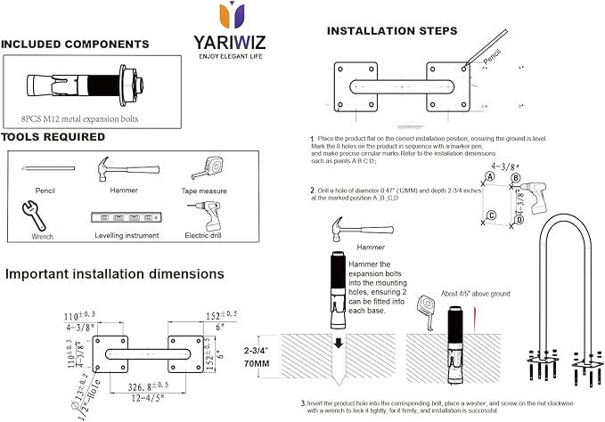 (1 Loop -2 Bike Capacity) Yariwiz Ground Bike Rack U Shaped Flange Mount Commercial Bike Rack for Outdoor, Stores, Parks and Schools, Steel Construction, Black Powder Coat Finish