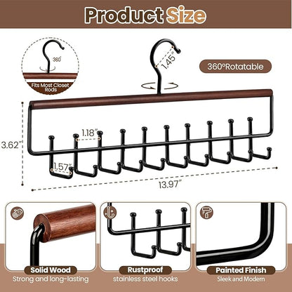 2PCS Tie Rack Hanger for Closet Upgraded 2-in-1 Tie and Belt Hanger Non Slip Tie Rack with 20 Hooks Tie Hanger Space Saving Wooden Belt Tie Organizer for Tank Tops Bras Cami Scarves, Walnut Color