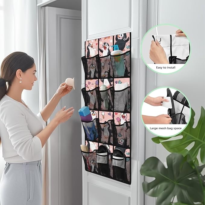 Funny Penguin Shoe Organizer Over The Door,12 Large Mesh Pockets Hanging Storage Shoe Rack,Hanging Shoe Rack for Door Sneaker Hanger Boot Storage,Breathable Organizer Storage Bag