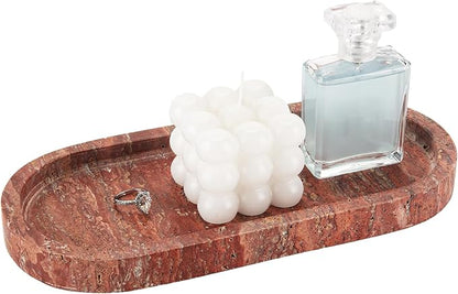 Italy Natural Travertine Stone Tray for Jewelry, Candles, Perfume, Trinket, Marble Oval Vanity Trays for Bathroom, Dresser, Kitchen, Countertop Storage Organizer for Home Decor Red (WH029)
