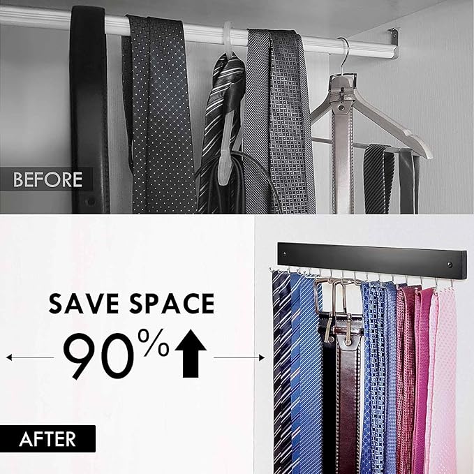 2-Pack Tie Rack Wall Mounted, Wooden Belt Hanger Tie Organizer for Closet with 28 Folding Hooks, Space Saving Tie Holder and Belt Rack for Closet Wall Mount, Black