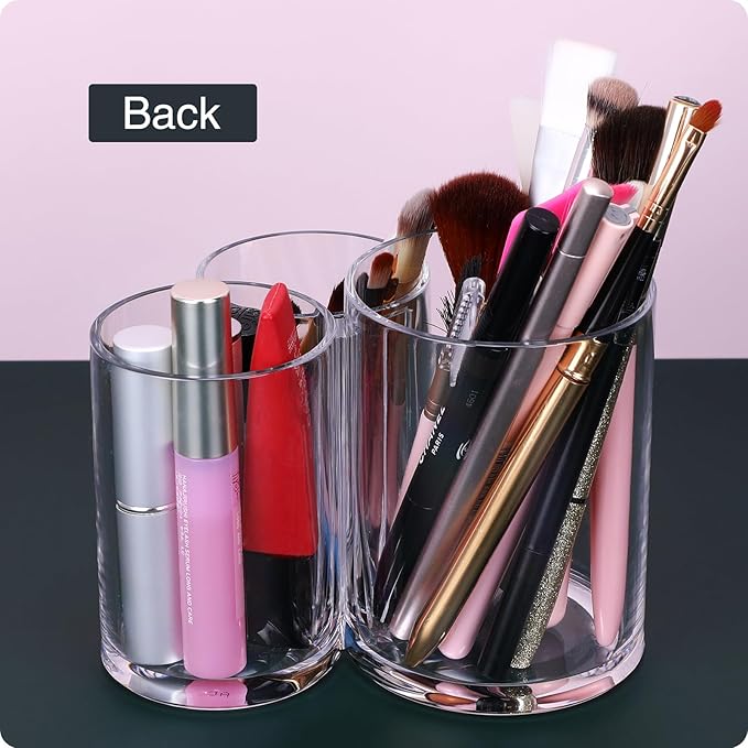 MOSIKER Makeup Brush Holder,Acrylic Clear Round Remote Control Pen Pencil Hair Nail Brush Comb Organizer with 3 Slots