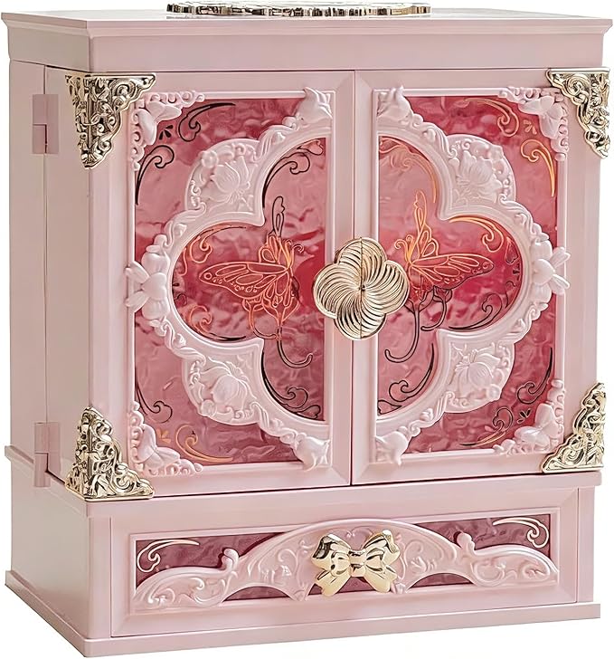 Lighted Vanity Makeup Organizer with Mirror, Large Vintage Cosmetic Storage Box with Drawers, Waterproof Dustproof Skincare & Beauty Organizer for Bathroom Counter, Gift for Women (Pink)