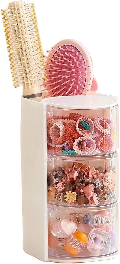 UFORU Hair Accessories Organizer with Hair Brush Holder, 3 Drawer Rotatable Hair Tie Organizer for Makeup Brushes, Hair Clips, Earrings, Necklaces, Bracelets and Hair Accessories, White, 3-Layer