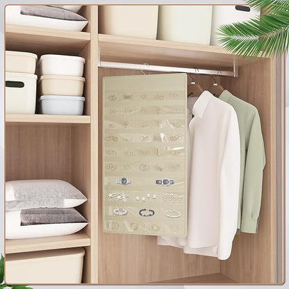 Hanging Jewelry Organizer Storage Roll, Double-Sided Necklaces Holder, 42 Pockets Plus 36 hooks Earrings Organizer Hang in Closet, On Wall, or Doors, Beige