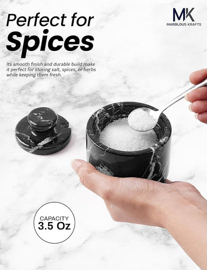 MARBLOUS KRAFTS Marble Salt Cellar with Lid and Spoon 3" Black Zebra Flaky Salt, Seasoning Containers, Ideal small Spices, Sugar Jars, kitchen accessories, Gift for Mom