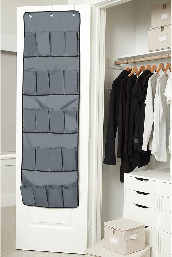 Covermates Over The Door Shoe Organizer - Heavy Duty Material, Stainless Steel Hooks, Grommets - Closet Storage, Grey
