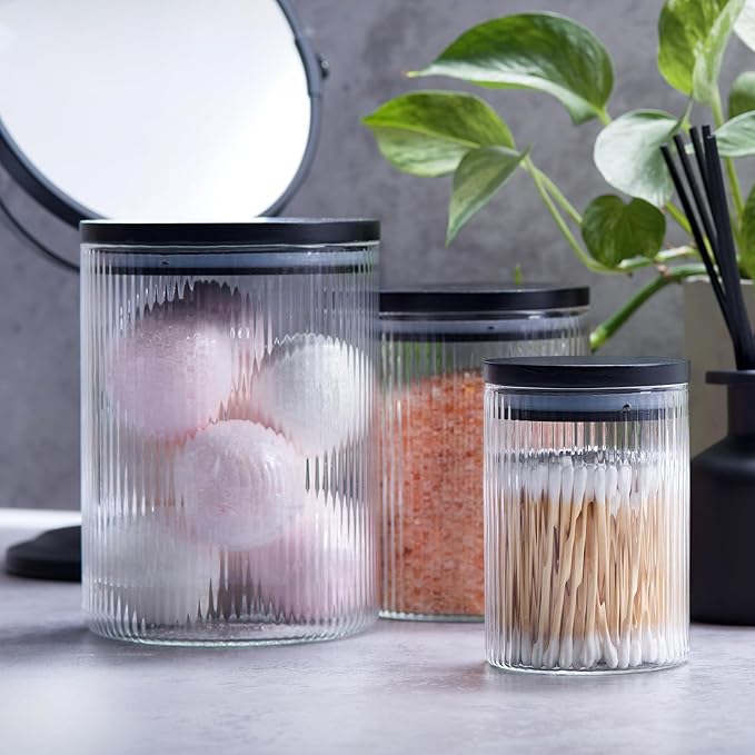 Mason & Fable 3x Ribbed Glass Bathroom Jars with Airtight Black Bamboo Lids | Cotton Pad/Buds/Q tip Holder | Bath Salt/Small Makeup/Apothecary Storage Canister- 10, 20 & 40 fl.oz