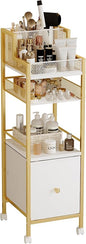 Makeup Organizer Storage Cart with Drawers, Large Floor Makeup Skincare Organizers, Rolling Makeup Cart Vanity Organizer Cosmetics Display Cases Holder for Nail Polish Brush Hair Tool（Gold）