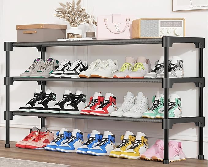 SAN HE Long Shoe Rack-Shoe Organizer 3 Tier Shoe Rack for Closet Front Door Entryway Garage, Stackable Free Standing and Freely Combinable Shoe Storage, Space Saving Small Shoe Shelves.