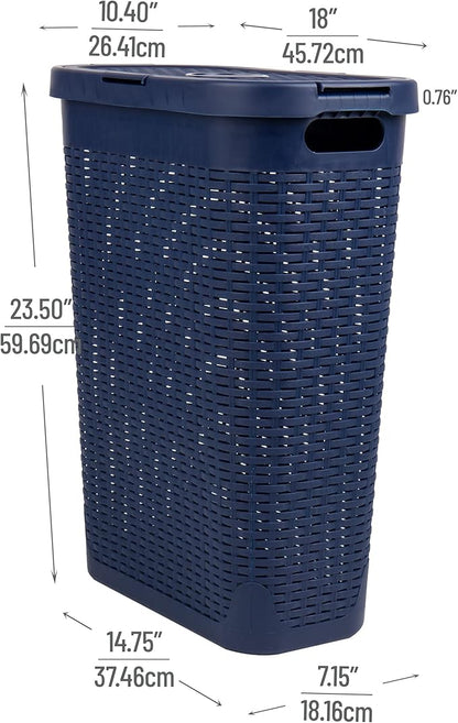 Mind Reader Slim Laundry Hamper with Lid, 40L Clothes Basket, Narrow Tapered Design with Ventilated Cutout Pattern, Plastic, Navy