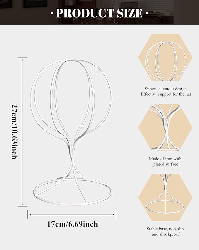 CHADWICK White Iron Ball Hat Rack, Short Display Stand for Fedora, Baseball Cap, Wig Storage, 6.7" x 10.6", Single Unit