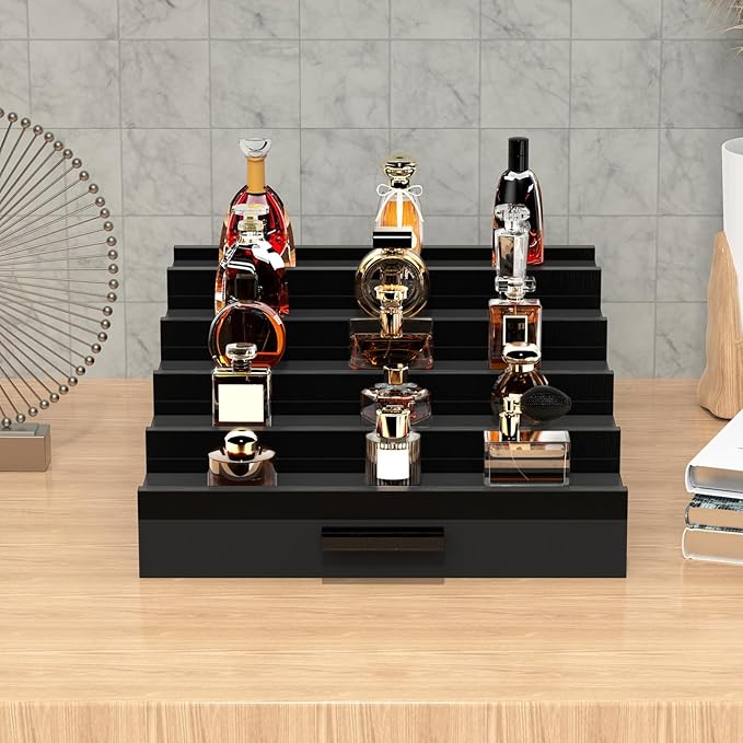 Wooden Cologne Organizer for Men 5 Tier of Perfume Display Holder of Drawer & 2 Hidden Compartments Larger Storage Space Mens Perfume Organizer Shelf Stand,Gift for Man (5T-Black)