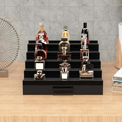 Wooden Cologne Organizer for Men 5 Tier of Perfume Display Holder of Drawer & 2 Hidden Compartments Larger Storage Space Mens Perfume Organizer Shelf Stand,Gift for Man (5T-Black)