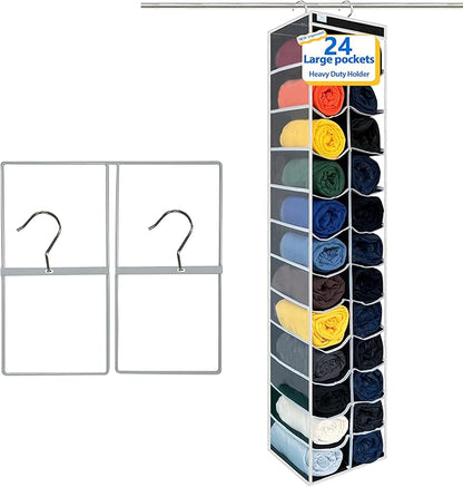 Legging Organizer for Closet Hanging, Legging Storage Bag Can Holds 24 Leggings Jeans or Shirts, Heavy Duty Metal Hooks for Over Door Storage, Wardrobe Clothes Storage