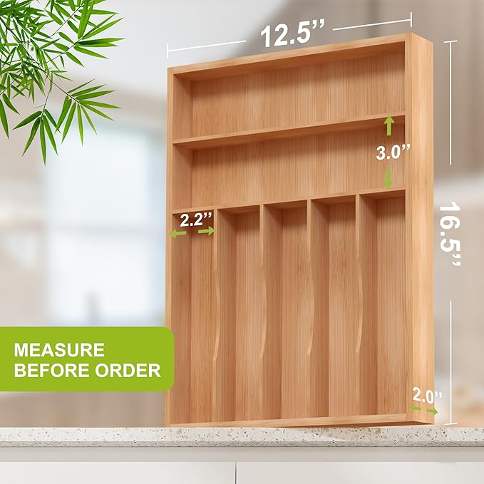 Unibambou Bamboo Utensil Drawer Organizer, Silverware Tray Organizer, Kitchen Drawer Organizer for Flatware Cutlery, Silverware Tray for Drawer (Natural, Large 16.5x12.5 Inch)