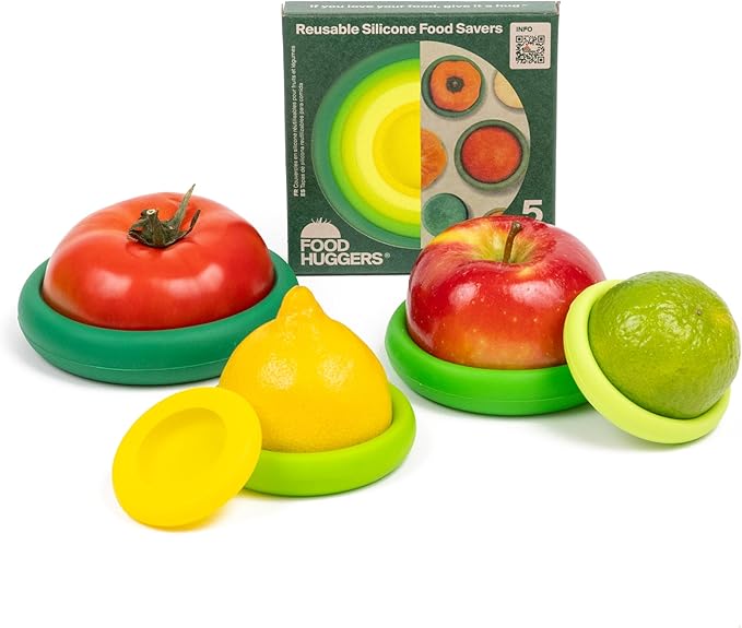 Food Huggers 5pc Reusable Silicone Food Savers | BPA Free | Plastic Free Food Storage | Dishwasher Safe | Fruit & Vegetable Storage for Onion, Tomato, Lemon, Banana & Cans | Round, Fresh Greens