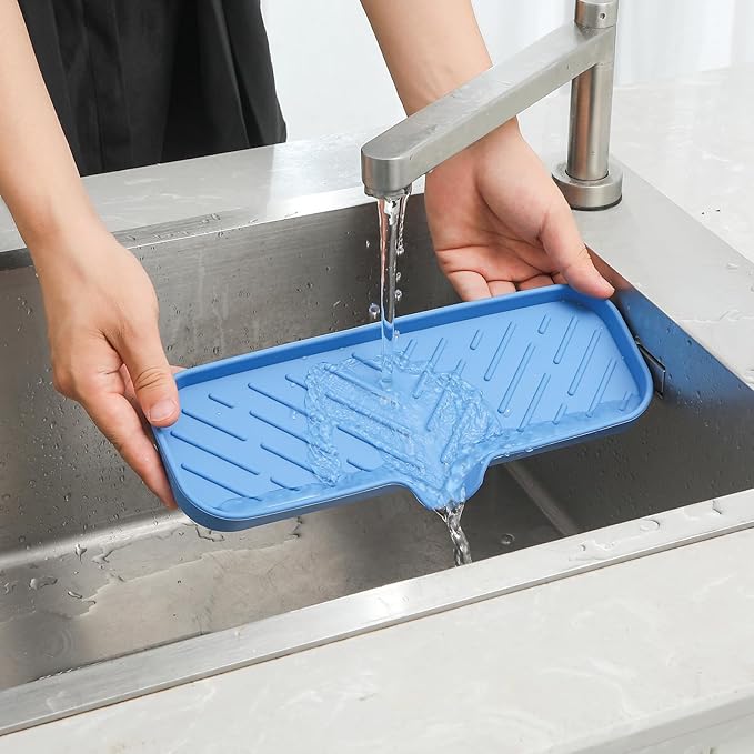MicoYang Silicone Bathroom Soap Dishes with Drain Spout-Bathroom and Kitchen Sink Organizer,Sponge Holder,Dish Soap Tray,Perfect for Dispenser,Scrubber,Bottle,Cup on Sink or Counter-Lichen Blue 12"×4"