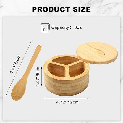 Salt Cellar - Salt Container Holder with Swivel Magnetic, 3 Compartment Salt Cellar with Lid and Spoon Holder, Wood Bowl Box, Salt and Pepper Bowls with Swivel Lid to Storage, 6OZ