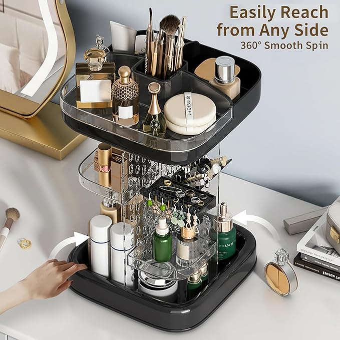 360 Rotating Make up Organizer for Vanity & Countertop, Clear Adjustable Height Tiered Cosmetic and Skincare Storage, Spinning Perfume and Makeup Holder, Jewelry Accessories Desktop Organizer, Black
