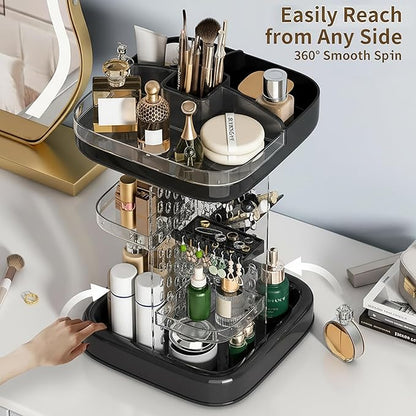 360 Rotating Make up Organizer for Vanity & Countertop, Clear Adjustable Height Tiered Cosmetic and Skincare Storage, Spinning Perfume and Makeup Holder, Jewelry Accessories Desktop Organizer, Black