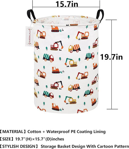 QUEENLALA Large Storage Basket,Laundry Hamper/Bathroom/Home Decor/Collapsible Round Storage Bin,Boys and Girls Hamper/Boxes/Clothing(Round-Excavator)