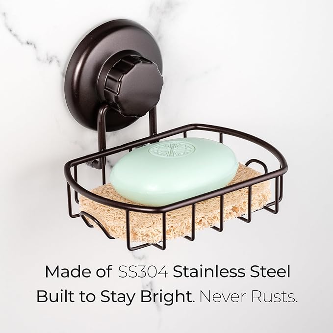 HASKO 2 Pack Suction Cup Soap Dish for Shower Wall, Rustproof Stainless Steel, Shower Soap Holder with Hooks, Includes Optional No Drill Adhesive Mount for Bathroom, 2 Soap Savers, Bronze