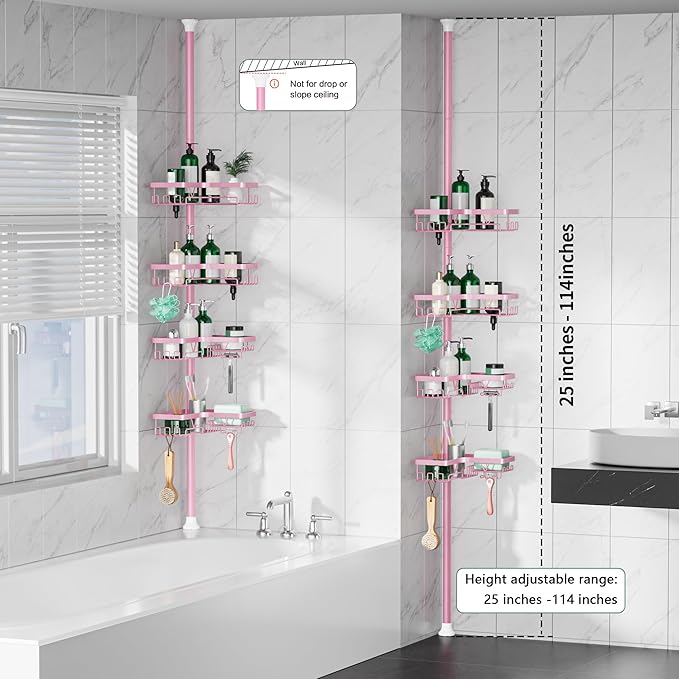 DAOYA Corner Shower Caddy Tension Pole - Pink - Rustproof Adjustable Bathroom Organizer Shelf for Shampoo, 25–114.2 Inch Shower Rack for Renters, Apartments