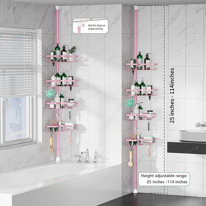 DAOYA Corner Shower Caddy Tension Pole - Pink - Rustproof Adjustable Bathroom Organizer Shelf for Shampoo, 25–114.2 Inch Shower Rack for Renters, Apartments