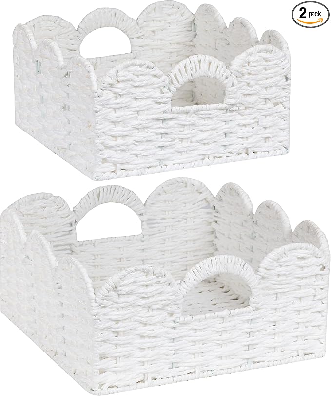 Graciadeco Scalloped Wicker Basket Natural Paper Rope Storage Baskets with Handles Handwoven Organizer Bin Wicker Storage Baskets for Home Decor, Organizing, 2 Pack (White)