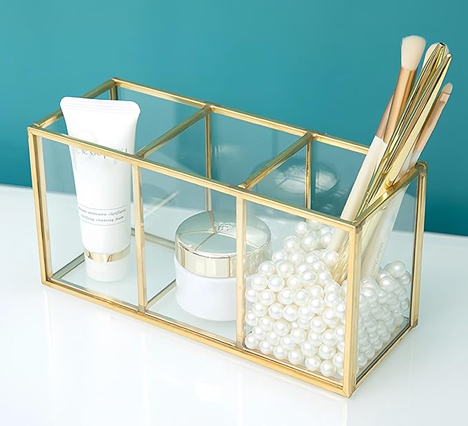 JIARI Gold 3-Compartment Desktop Organizer, Transparent Glass Makeup Brush Holder, 7.08x3.54x2.75 Inches Storage for Home Office and School Items (Gold-3 Slot)