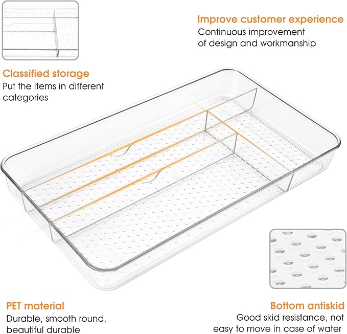 Lonian Multi-Purpose Drawer Organizer Tray, Clear PET Plastic Cutlery Utensil Divider, No-Slip Storage Box for Kitchen Drawer, Makeup, Bathroom, and Office Supplies