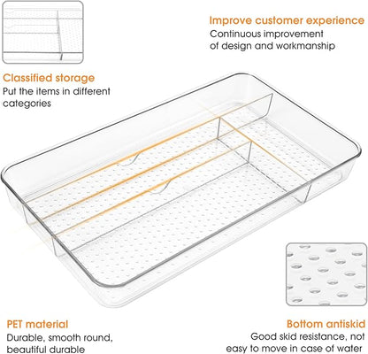Lonian Multi-Purpose Drawer Organizer Tray, Clear PET Plastic Cutlery Utensil Divider, No-Slip Storage Box for Kitchen Drawer, Makeup, Bathroom, and Office Supplies