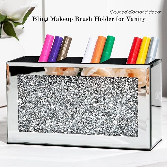 SHYFOY Mirrored Makeup Brush Holder Organizer, 3 Slot Glass Cosmetics Brushes Storage Holders with Crystal Crushed Diamond, Cute Pen and Pencil Holder for Desk, Eyeliners Display Case for Vanity