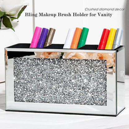 SHYFOY Mirrored Makeup Brush Holder Organizer, 3 Slot Glass Cosmetics Brushes Storage Holders with Crystal Crushed Diamond, Cute Pen and Pencil Holder for Desk, Eyeliners Display Case for Vanity