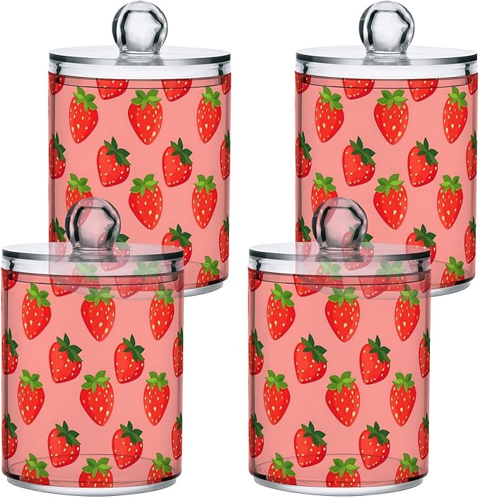ALAZA 2pcs Cute Fruit Strawberry Qtip Holder Dispenser 14 oz Bathroom Storage Clear Apothecary Jars Containers Cotton Ball,Cotton Rounds,Floss Picks, Hair Clips, Food